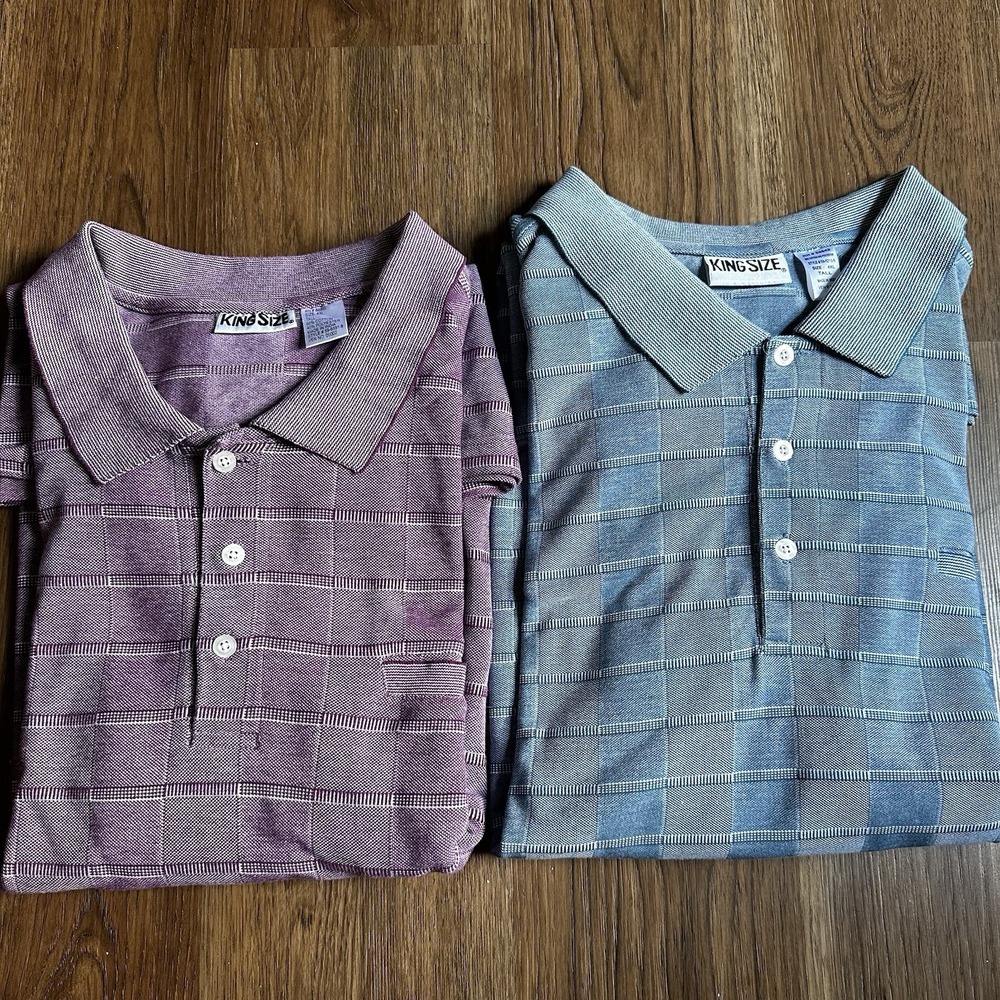 2 King Size Mens 4XLT Blue Purple Grid Textured Short Sleeve Polo Shirts Pocket